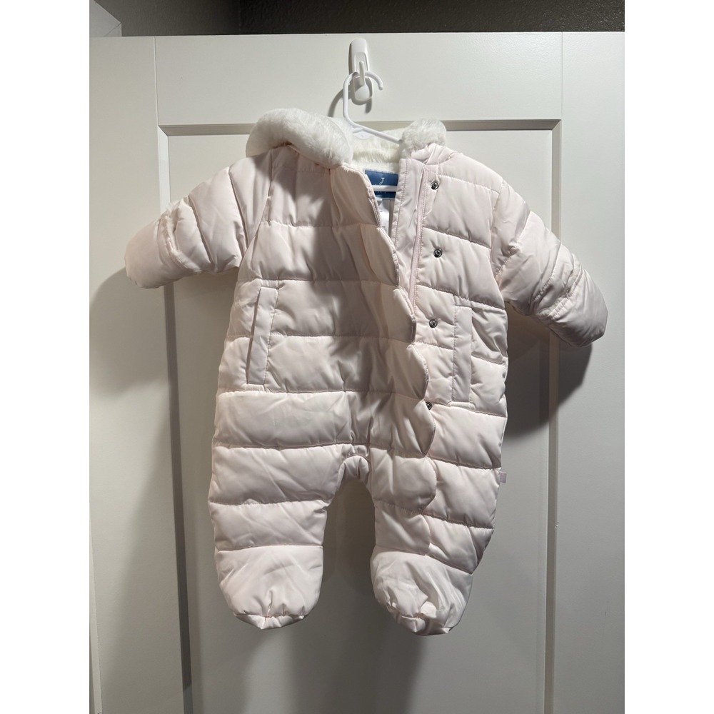 Jacadi Paris Soft Pink Snow Bunting Snowsuit 6M Fur Hood Full Zip Snap Bow